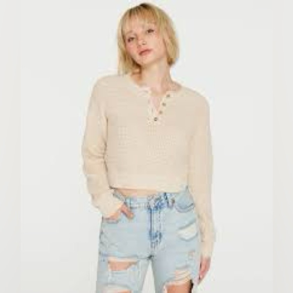 Aeropostale Waffle-Knit Cropped Henley Sweater, Cream Knit, Size XS extra small
